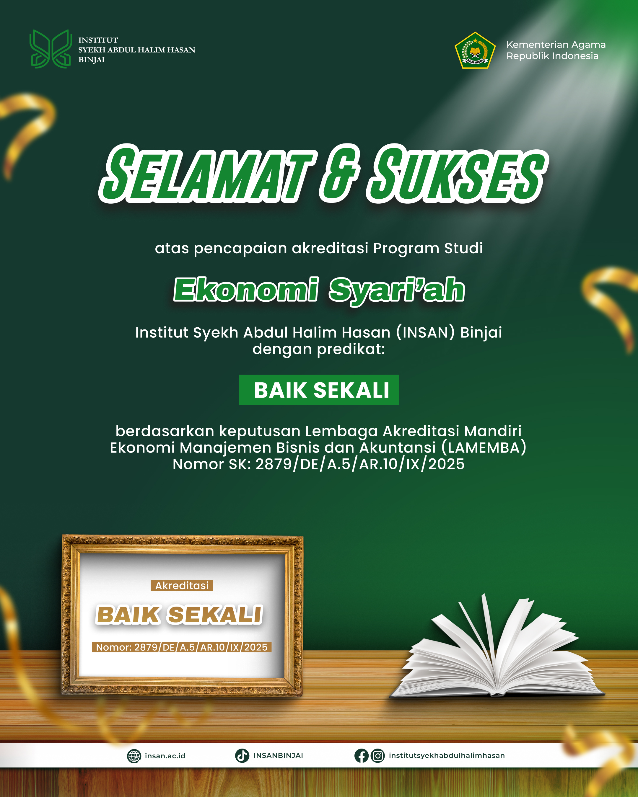 Prodi Ekonomi Syari'ah INSAN Binjai Raih Akreditasi "Baik Sekali" dari LAMEMBA